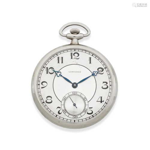 Longines. An 18K white gold keyless wind open face