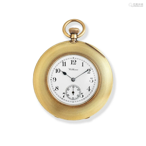 Waltham. An 18K gold keyless wind open face pocket