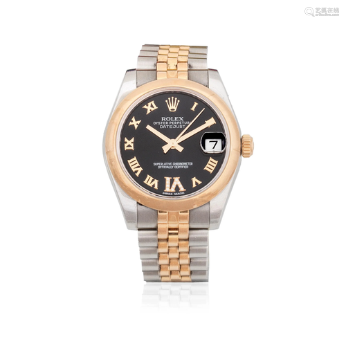 Rolex. A lady's 18K rose gold and stainless steel