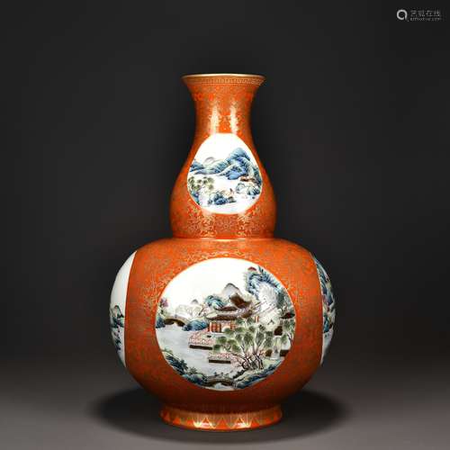 Qing Qianlong alum red painted gold Kaiguang landscape gourd...