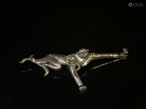 Monkey-shaped Copper Hook with Gold and Silver Inlay