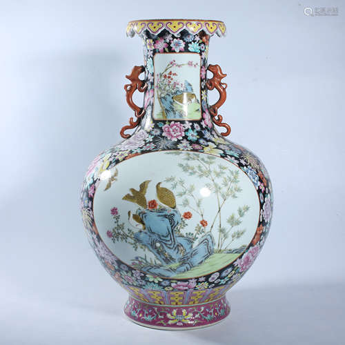 Qing Dynasty Qianlong pastel double ear bottle