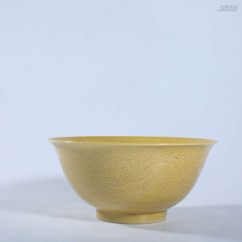 Ming Dynasty Hongzhi yellow glaze dark engraved dragon bowl