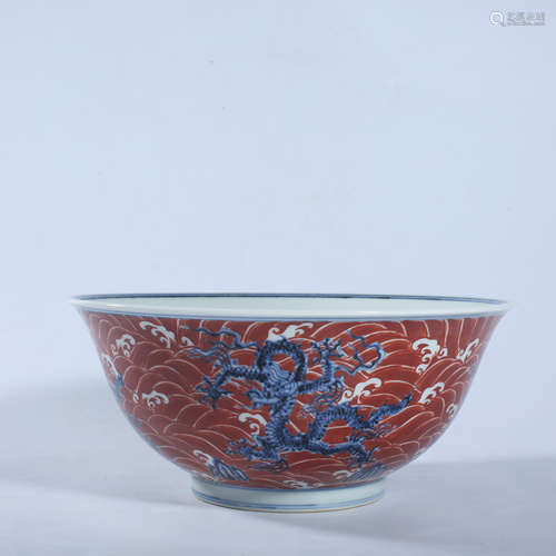 Xuande red colored blue and white dragon bowl of Ming Dynast...