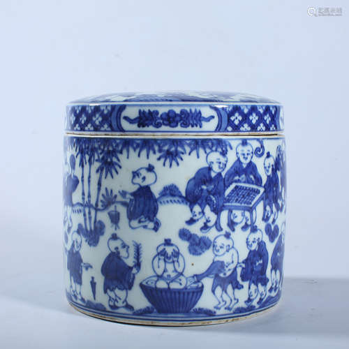 Covered pot with patterns of blue and white baby play in Lon...