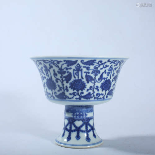 Qing Dynasty Qianlong blue and white high foot bowl