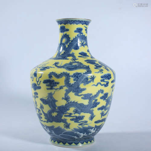 Qing Dynasty Qianlong blue and white dragon vase with yellow...
