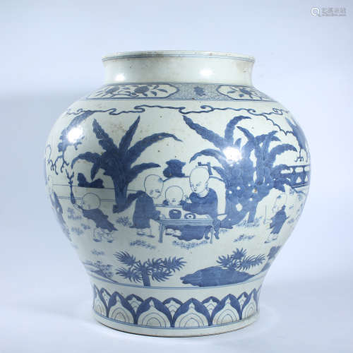 Blue and white baby play pattern jar in Jiajing of Ming Dyna...
