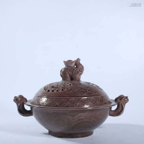 Xuande sauce glazed dragon pattern covered bowl in Ming Dyna...