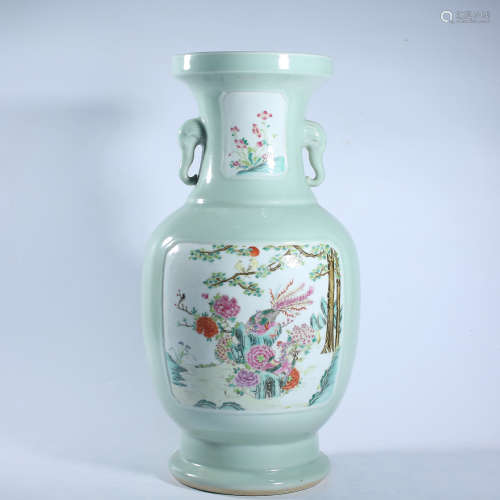 Qing Dynasty pink flower pattern Elephant Ear bottle
