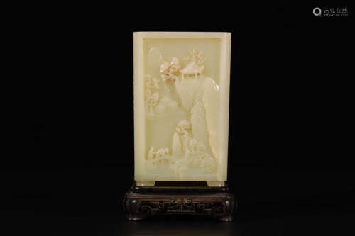 White jade landscape character square short legged pen holde...