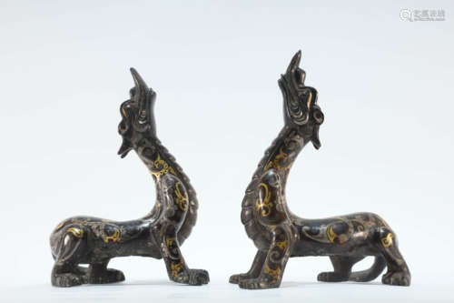 A Pair of Gilt Silver Overlaid Bronze Dragon-Shaped Ornament