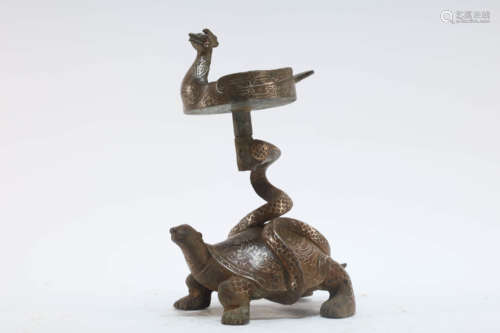 A Gilt Silver Overlaid Bronze Turtle-Shaped Candelstick