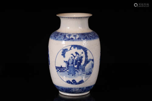 blue and white deep carved shallow character bottle