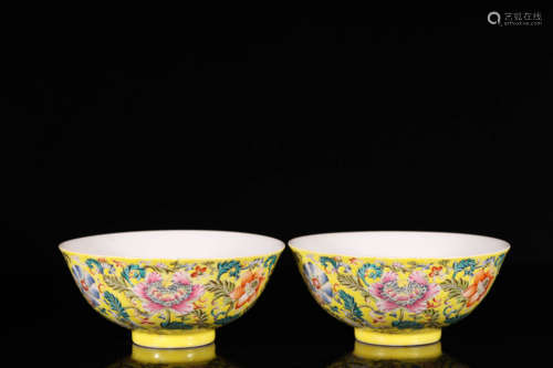 A pair of pink flower bowl with yellow background