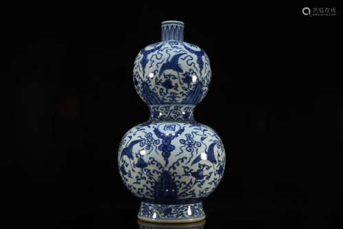 Blue and White Crane Longevity Double-Gourd Vase