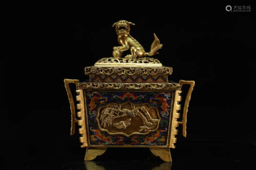 A Cloisonne Bronze Lion Censor