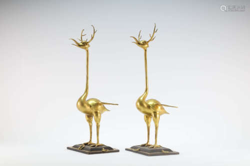 A Pair of Gilt Bronze Cranes