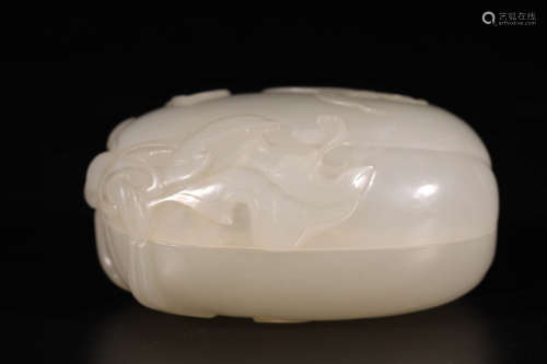 White jade poetry box with butterfly, melon and fruit