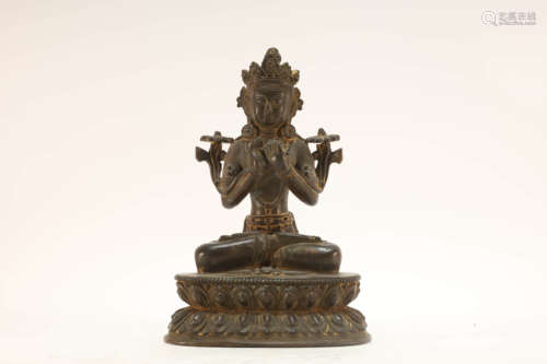 Gilt Decorated Bronze Guanyin Bodhisattva Buddhist Figure