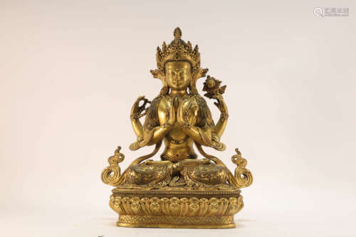 Gilt Bronze Four-Armed Guanyin Buddhist Figure