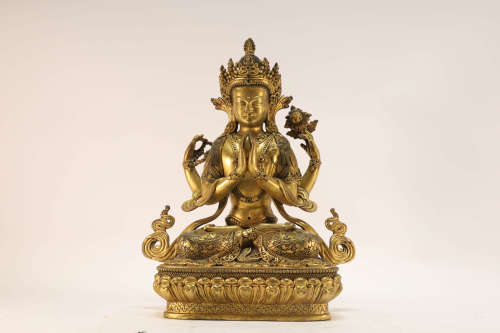 Gilt Bronze Four-Armed Guanyin Buddhist Figure