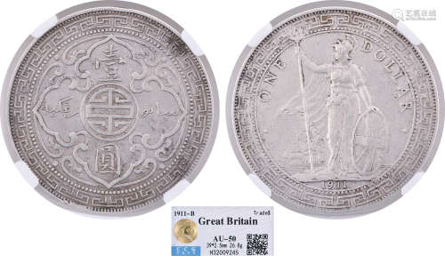 英國1911-B 貿易站洋(港光) $1 銀幣 #H32009245