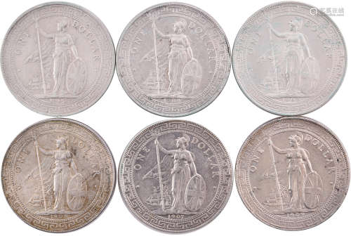 英國 1902-04, 07-09年貿易站洋(港光) $1 銀幣。合共6個
