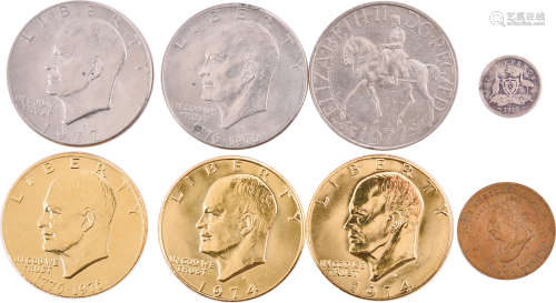 美國 1974(鍍金x2), 1976(鍍金x1)x2, 1977年x1 $1 鎳幣 共5個, 英...