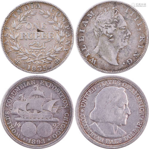 美國1893年 哥倫布像 半美元 紀念銀幣 及 印度1835年 威廉四世像...