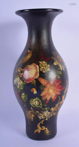 A LARGE EARLY VICTORIAN BLACK LACQUER VASE painted with