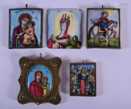 FIVE 18TH CENTURY RUSSIAN ENAMELLED PAINTED ICONS in