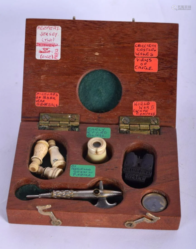 A BOX OF ANTIQUE TREASURES including a magnifying g…
