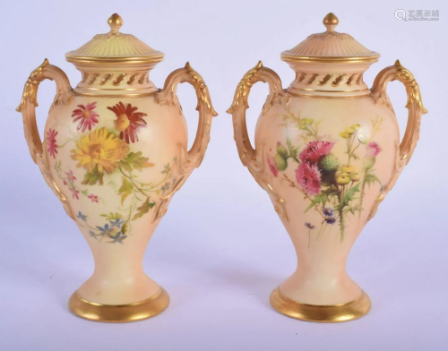 Royal Worcester pair of two handled blush ivory vases