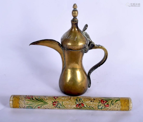 AN ANTIQUE OMANI BRASS COFFEE POT together with a