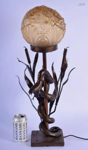 A STYLISH MID CENTURY MIXED METAL SERPENT LAMP with art