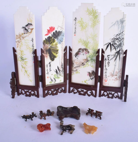 A CHINESE CARVED AND PAINTED MARBLE SCHOLARS SCREEN