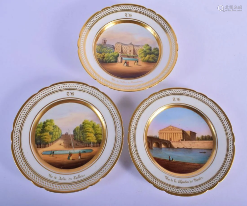 Paris porcelain set of three plates painted with
