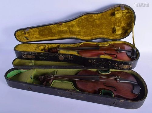 TWO CASED VINTAGE EUROPEAN VIOLINS. 58 cm long. (2)