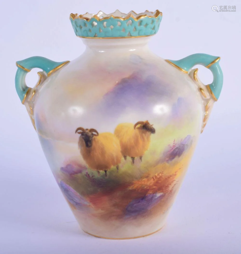 Royal Worcester vase with pierced rim painted with two