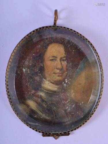A 17TH CENTURY PAINTED CRYSTAL OIL ON COPPER PORTRAIT