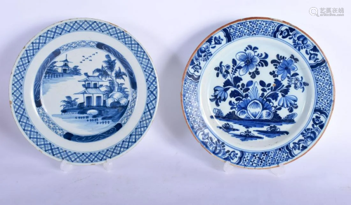 TWO 18TH CENTURY DELFT BLUE AND WHITE PLATES painted