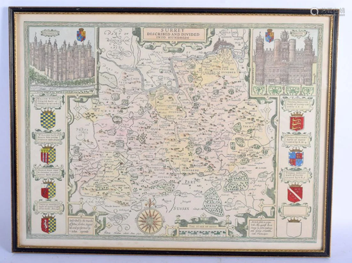 AN ANTIQUE MAP OF SURREY possibly 17th century, created