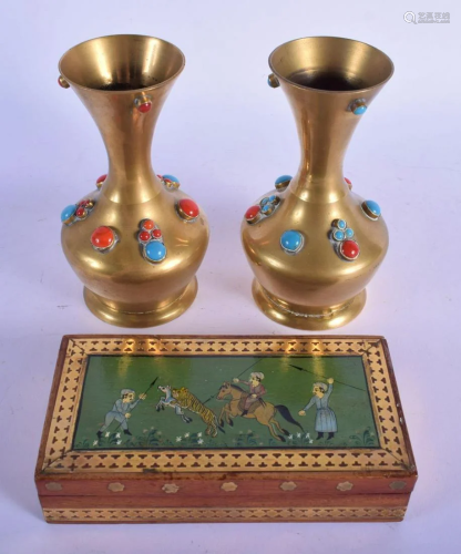 A PAIR OF INDIAN TURQUOISE AND CORAL JEWELLED VASE