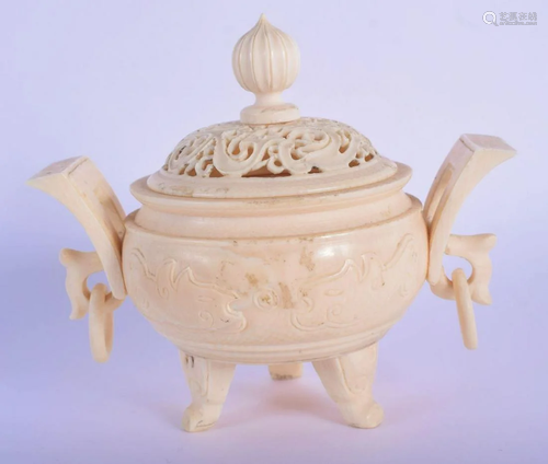 AN EARLY 20TH CENTURY CARVED IVORY CENSER AND COVER