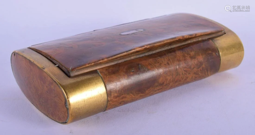 AN ANTIQUE BURR WALNUT AND BRASS SNUFF BOX. 13 cm x 8