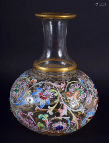 AN ANTIQUE EUROPEAN ENAMELLED GLASS BULBOUS VASE