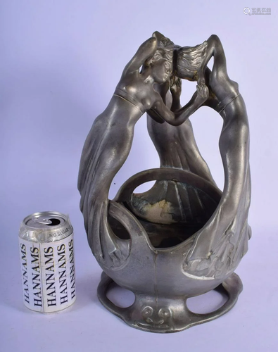 A LARGE ART NOUVEAU PEWTER FIGURAL DISH formed as thr…