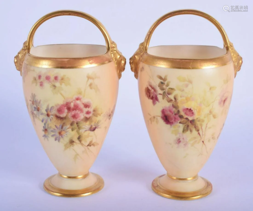 Royal Worcester over handled blush ivory pair of vases