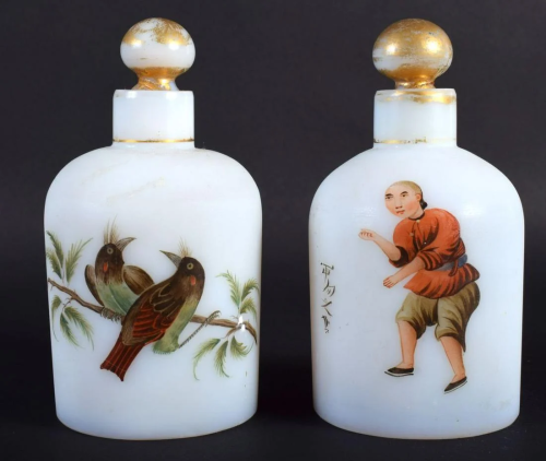 A RARE PAIR OF VICTORIAN OPALINE SCENT BOTTLES AND